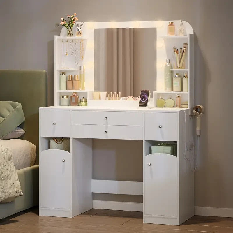 White Dressing Table w/ LED Mirror, Power Strip, 4 Drawers & Storage Shelves