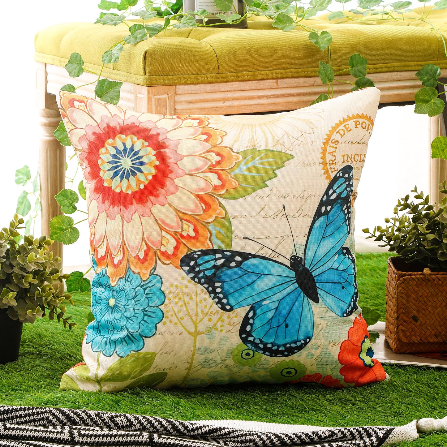 Colourful Flower and Butterfly Print Waterproof Cushion Cover - Design 1 (Set of 4 - 45x45cm)