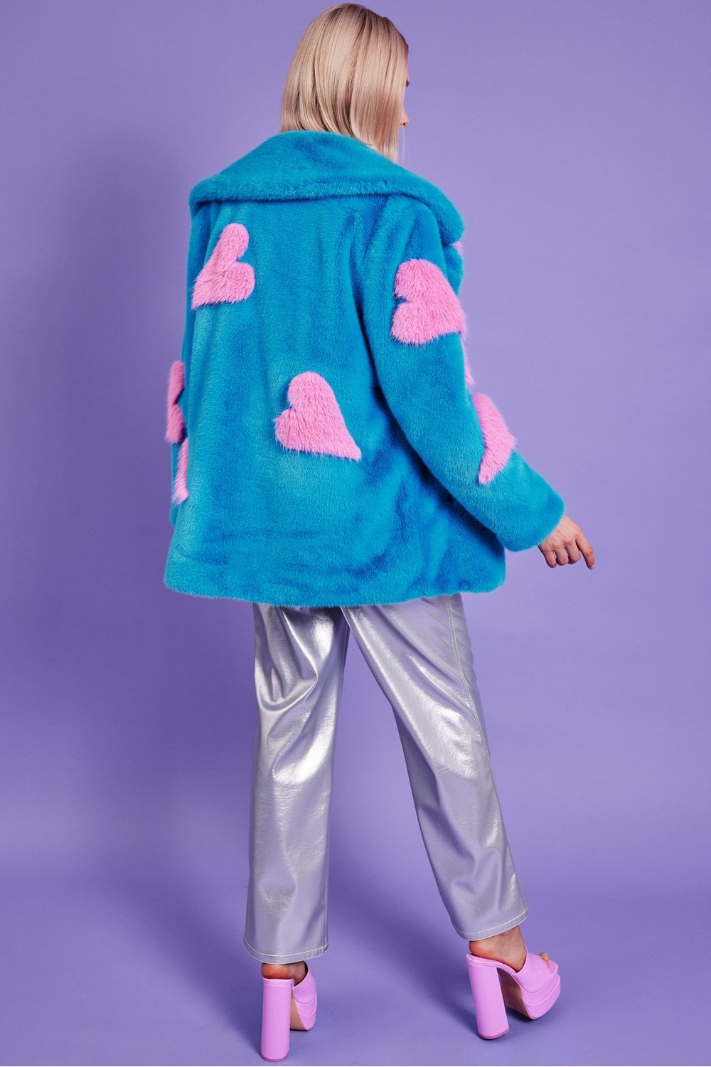 Blue Eco Bamboo Faux Fur Coat with Love Heart Detailing