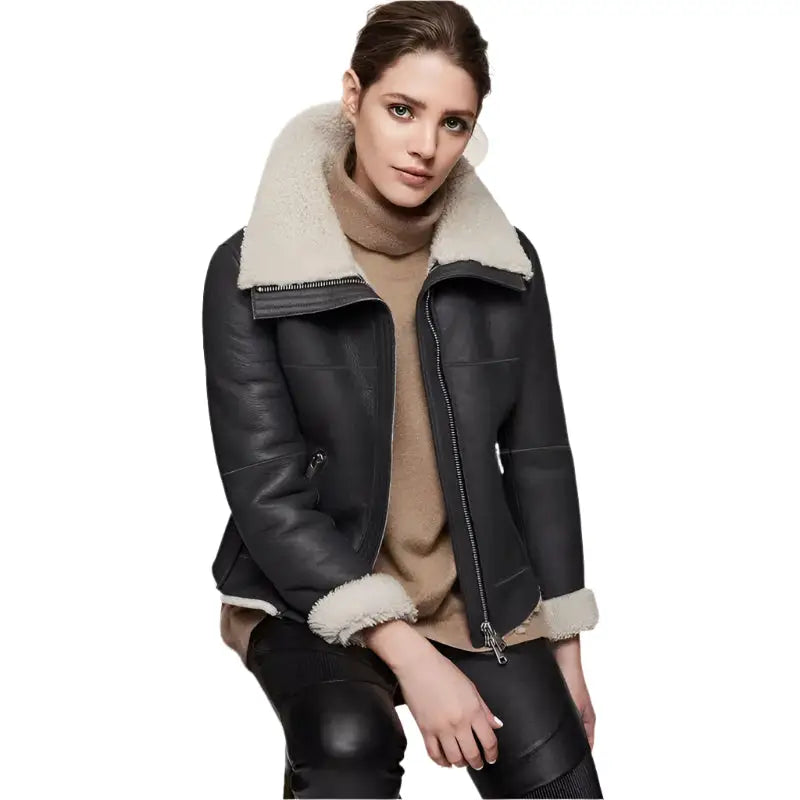 Womens Black Shearling Aviator Jacket