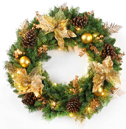 24Inch Christmas Wreath Decorative Christmas with Light Door Winter Pine Cone