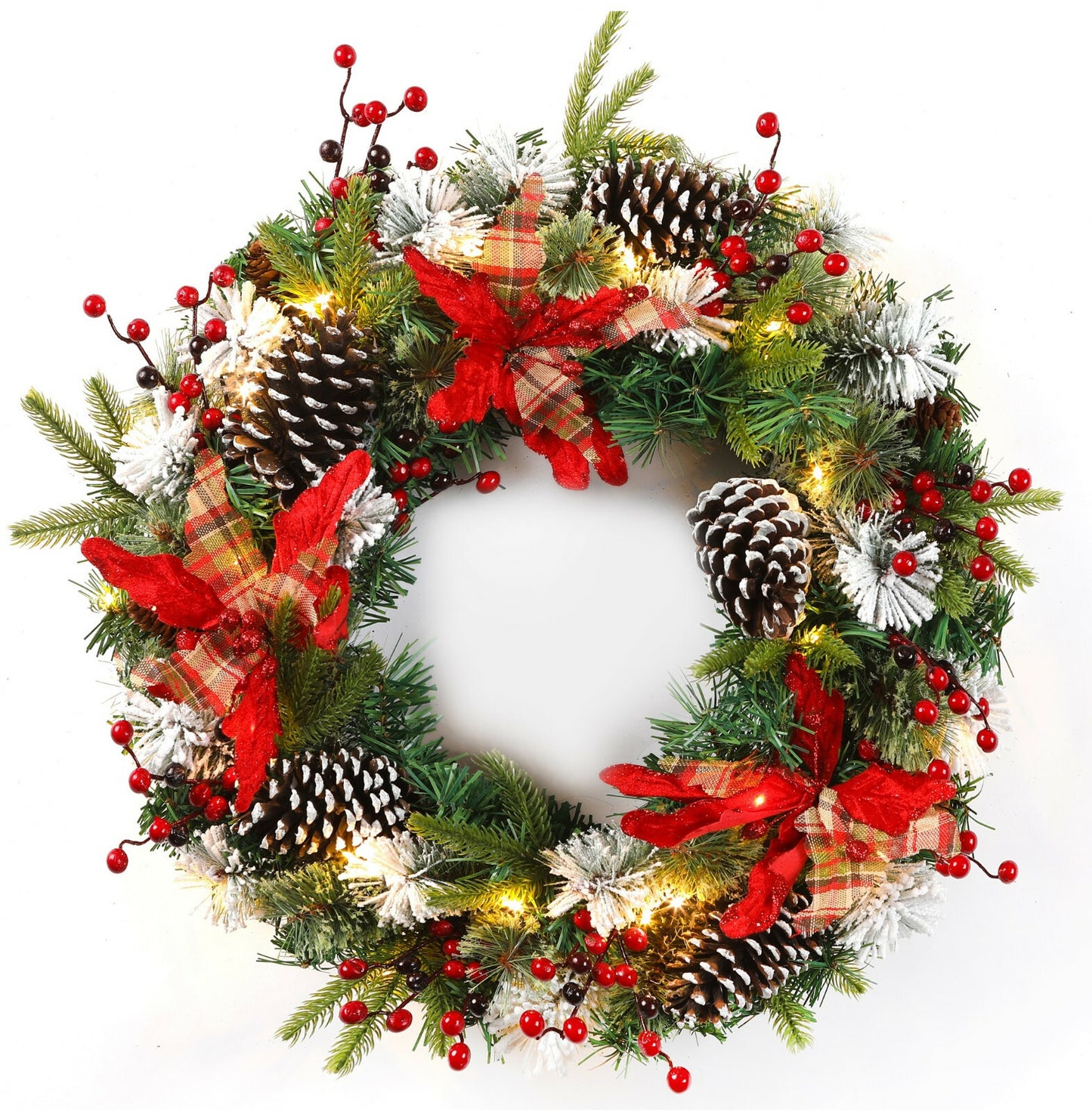 24Inch Christmas Wreath Decorative Christmas with Light Door Winter Pine Cone