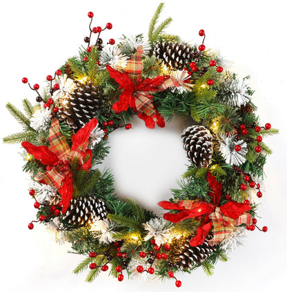 24Inch Christmas Wreath Decorative Christmas with Light Door Winter Pine Cone