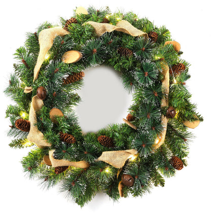 24Inch Christmas Wreath Decorative Christmas with Light Door Winter Pine Cone