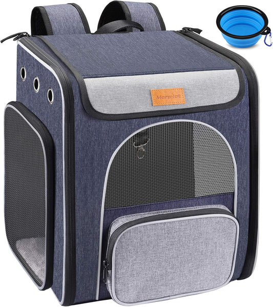 Morpilot® Cat Carrier Backpack, Foldable Pet Backpack Carrier for Cats & Small Dogs, Breathable Dog Carrier Backpack with Inner Safety Leash + Folding Bowl Ideal for Travel Camping Hiking