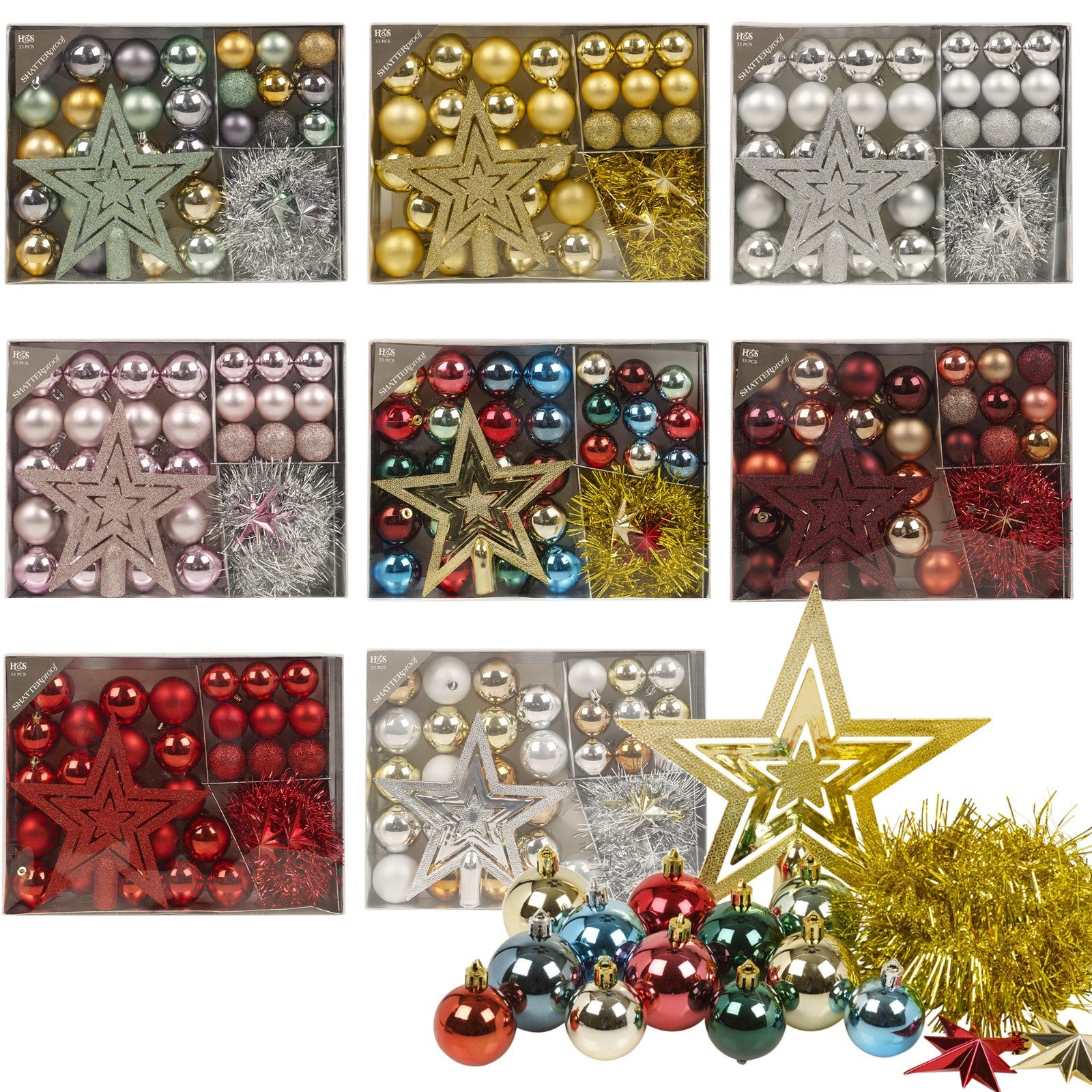 33 Pcs Christmas Tree Decoration Baubles Set Xmas Shatterproof Balls Ornaments