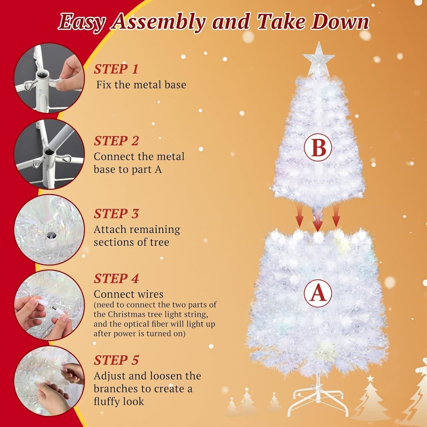 4/5/6Ft White Christmas Trees Fibre Optic Pre Lit Star Xmas Tree with LED Lights