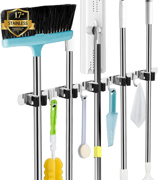Wall-Mounted Heavy Duty Broom and Mop Holder with 5 Holders and 4 Hooks