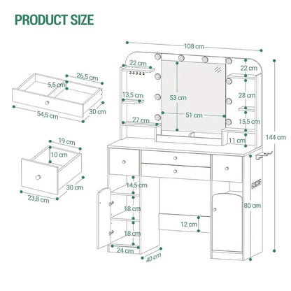 White Dressing Table w/ LED Mirror, Power Strip, 4 Drawers & Storage Shelves