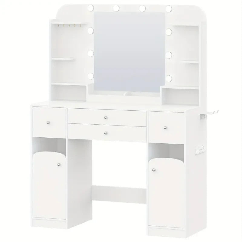 White Dressing Table w/ LED Mirror, Power Strip, 4 Drawers & Storage Shelves