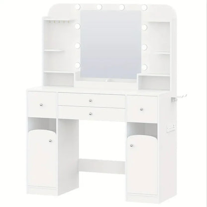 White Dressing Table w/ LED Mirror, Power Strip, 4 Drawers & Storage Shelves