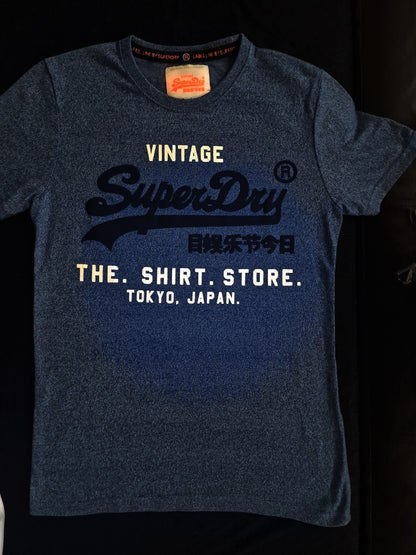 Vintage SUPERDRY LIMITED Label Line Medium Size Sky Blue Tshirt.