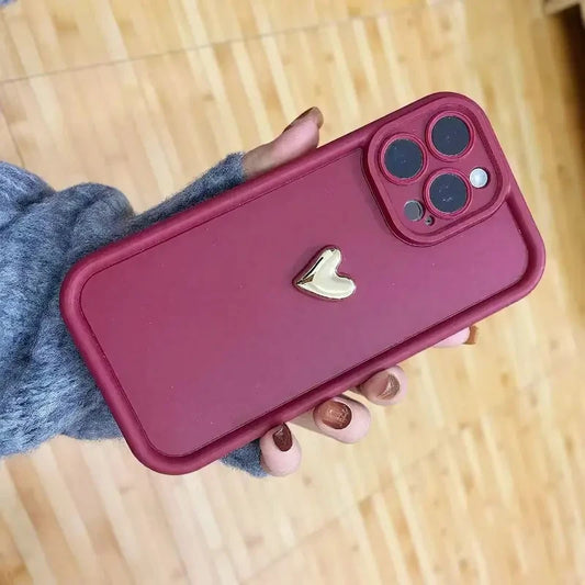 Wine Red 3D Golden Heart Phone Case For iPhone 11–17 Pro Max | Shockproof Fashio