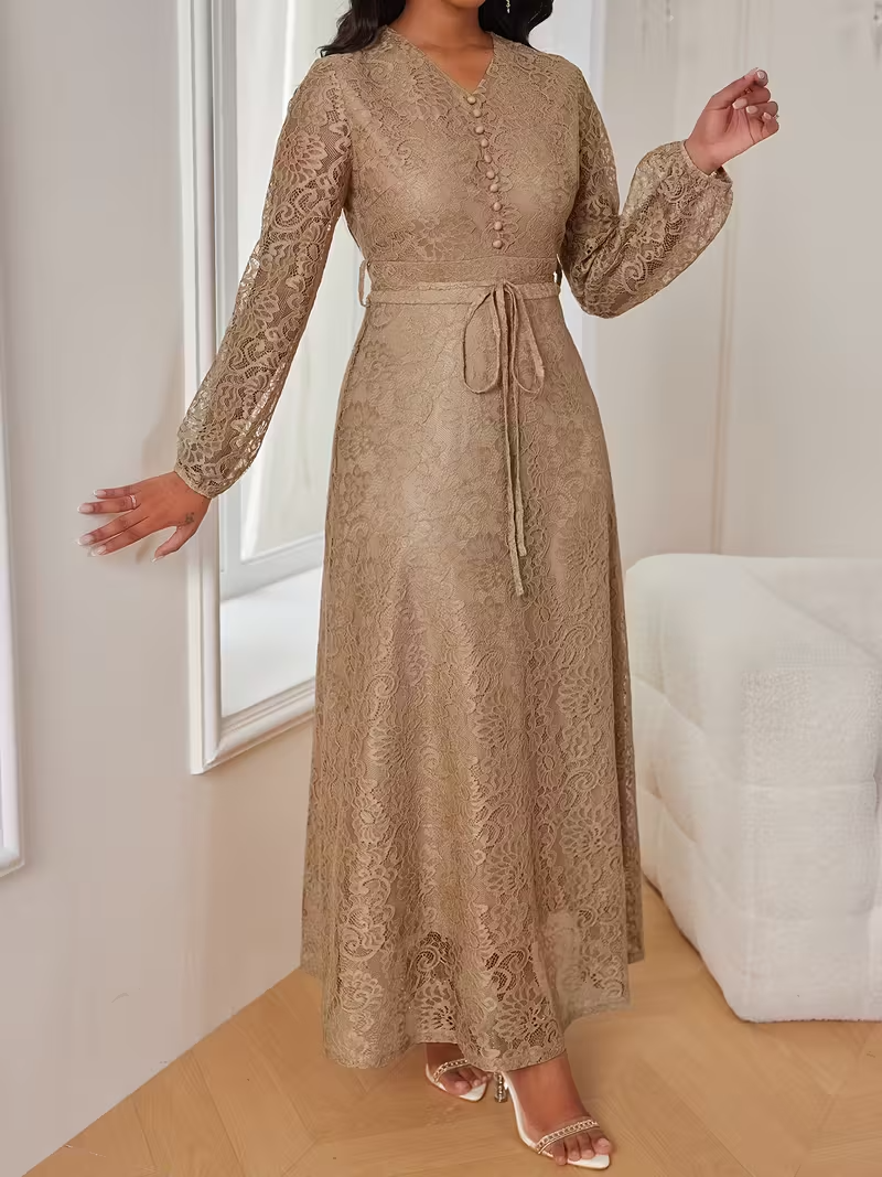 Women's Elegant Beige V-Neck Long Sleeve Dress, Puff Sleeves, Adjustable Waist T