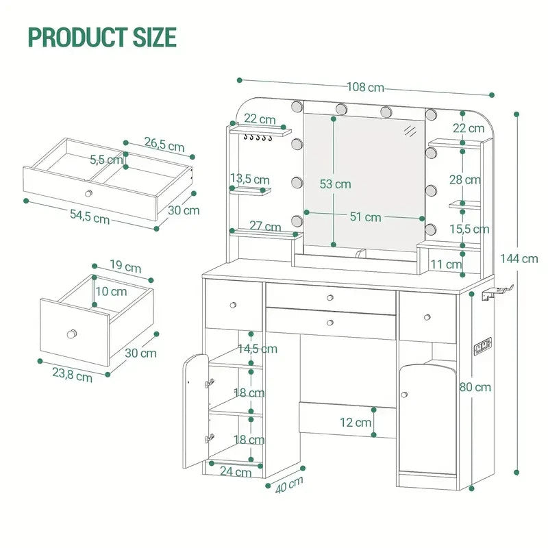 White Dressing Table w/ LED Mirror, Power Strip, 4 Drawers & Storage Shelves