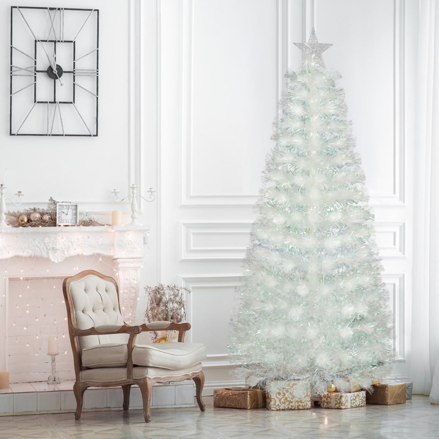 4/5/6Ft White Christmas Trees Fibre Optic Pre Lit Star Xmas Tree with LED Lights