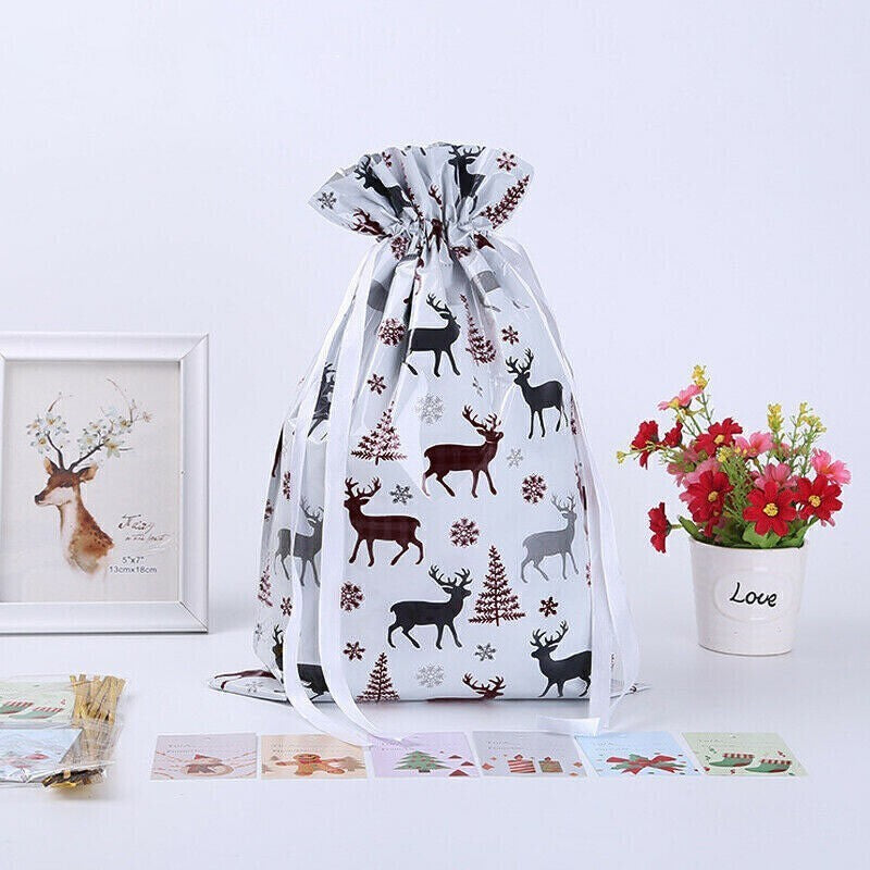 5PCS Merry Christmas Gift Bags Drawstring Wrap Present Party Treat Bags Storage