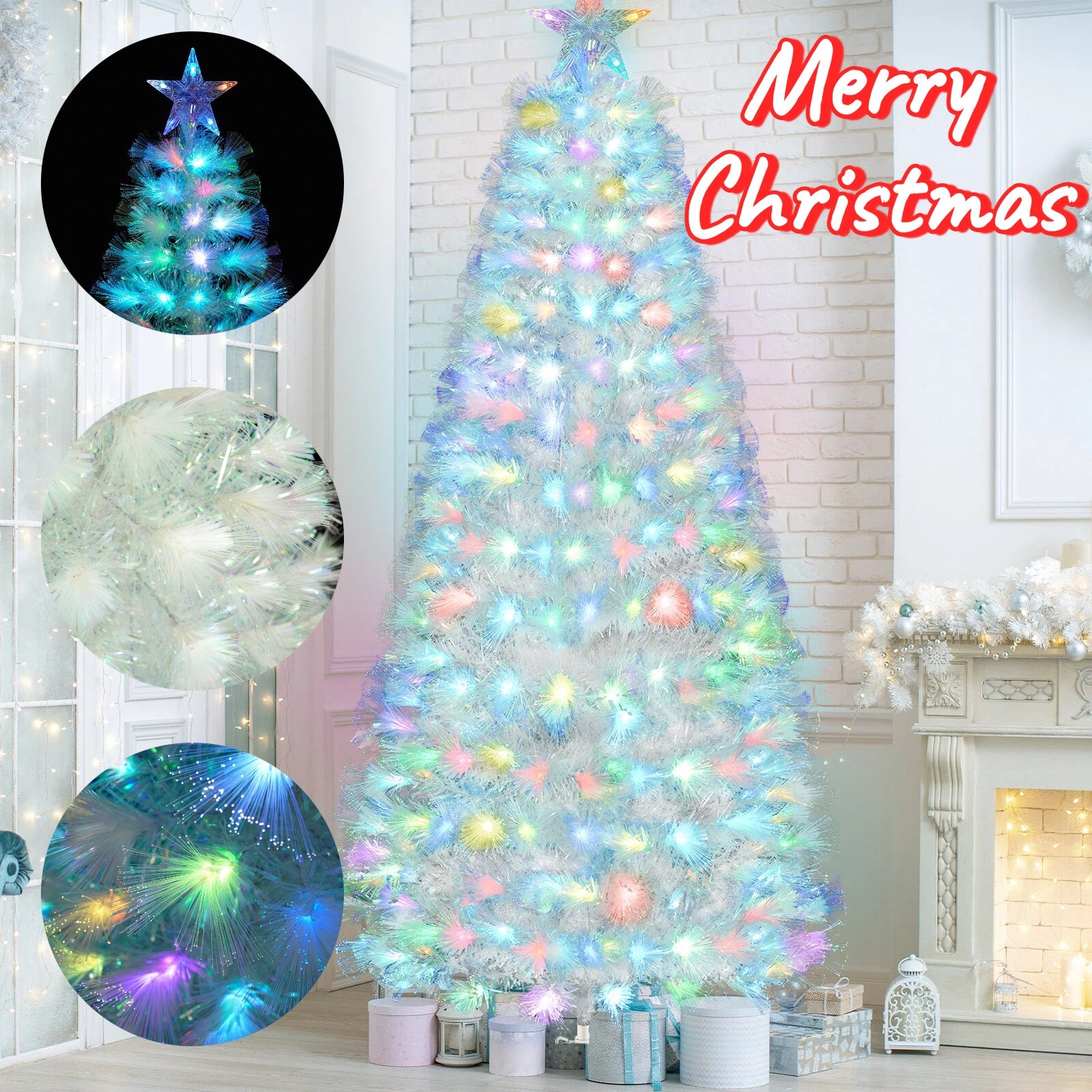 4/5/6Ft White Christmas Trees Fibre Optic Pre Lit Star Xmas Tree with LED Lights