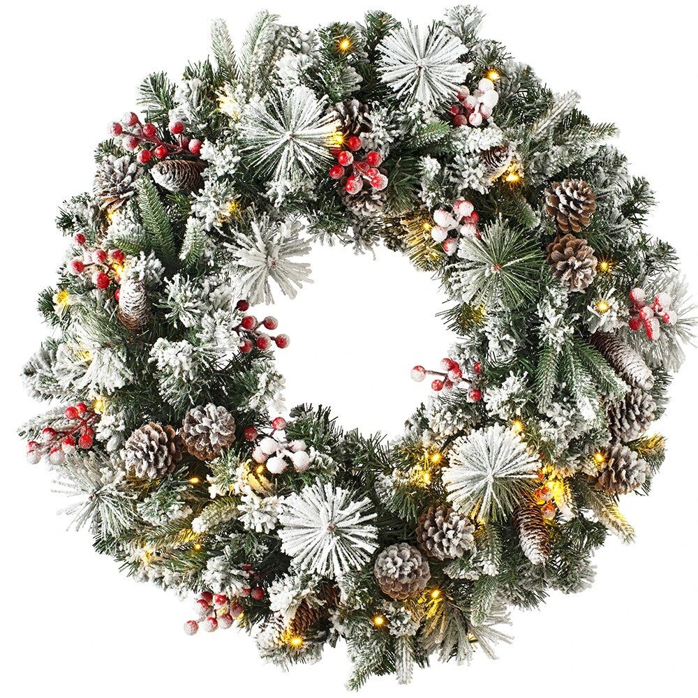 24Inch Christmas Wreath Decorative Christmas with Light Door Winter Pine Cone