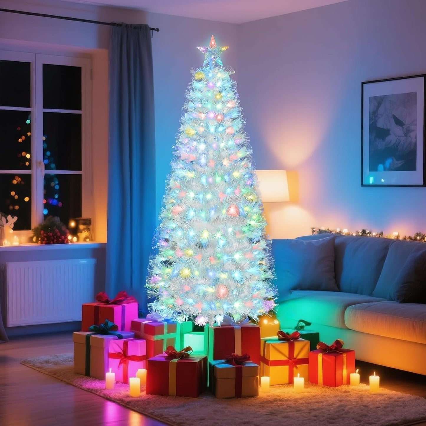4/5/6Ft White Christmas Trees Fibre Optic Pre Lit Star Xmas Tree with LED Lights