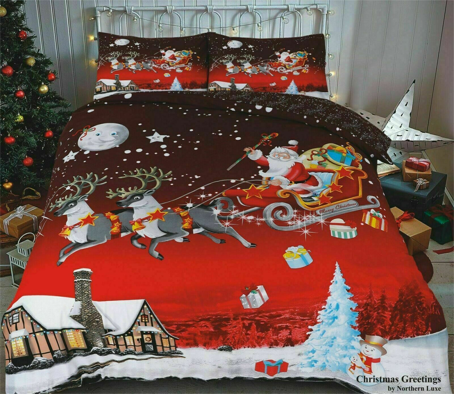 Christmas Duvet Cover Set Reversible Quilt XMAS Bedding Single Double King Size