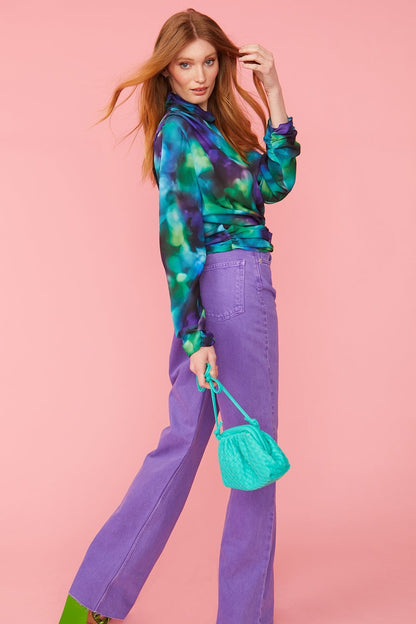 Blue Silk Blend Gathered Waist Blouse