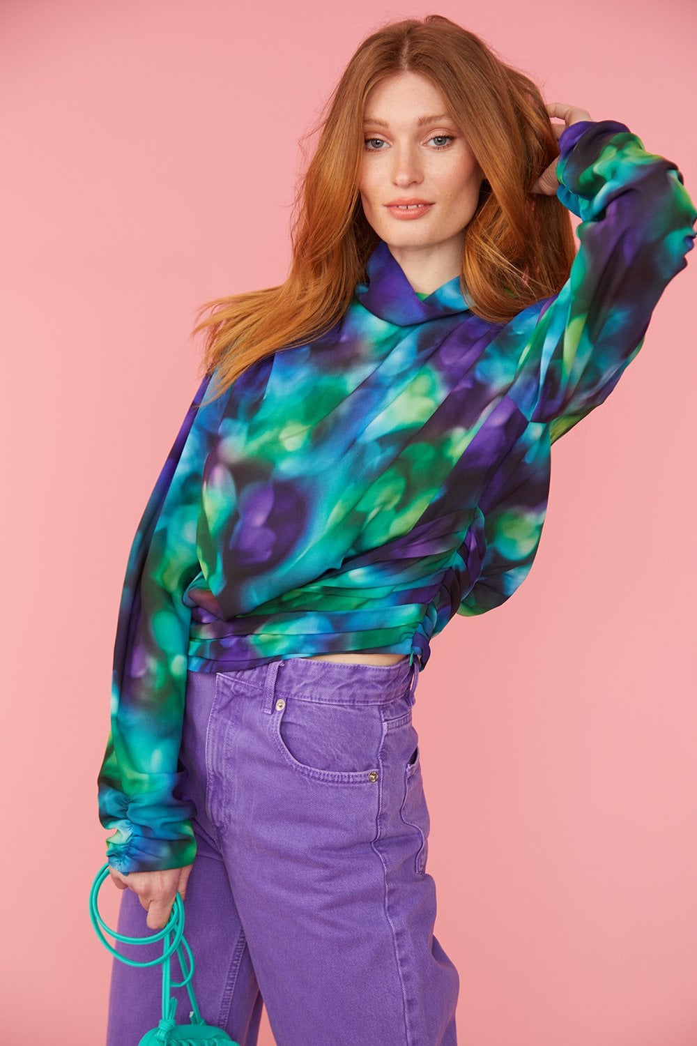 Blue Silk Blend Gathered Waist Blouse