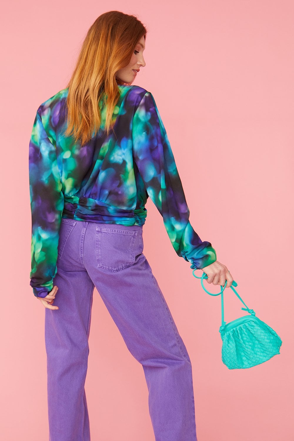 Blue Silk Blend Gathered Waist Blouse