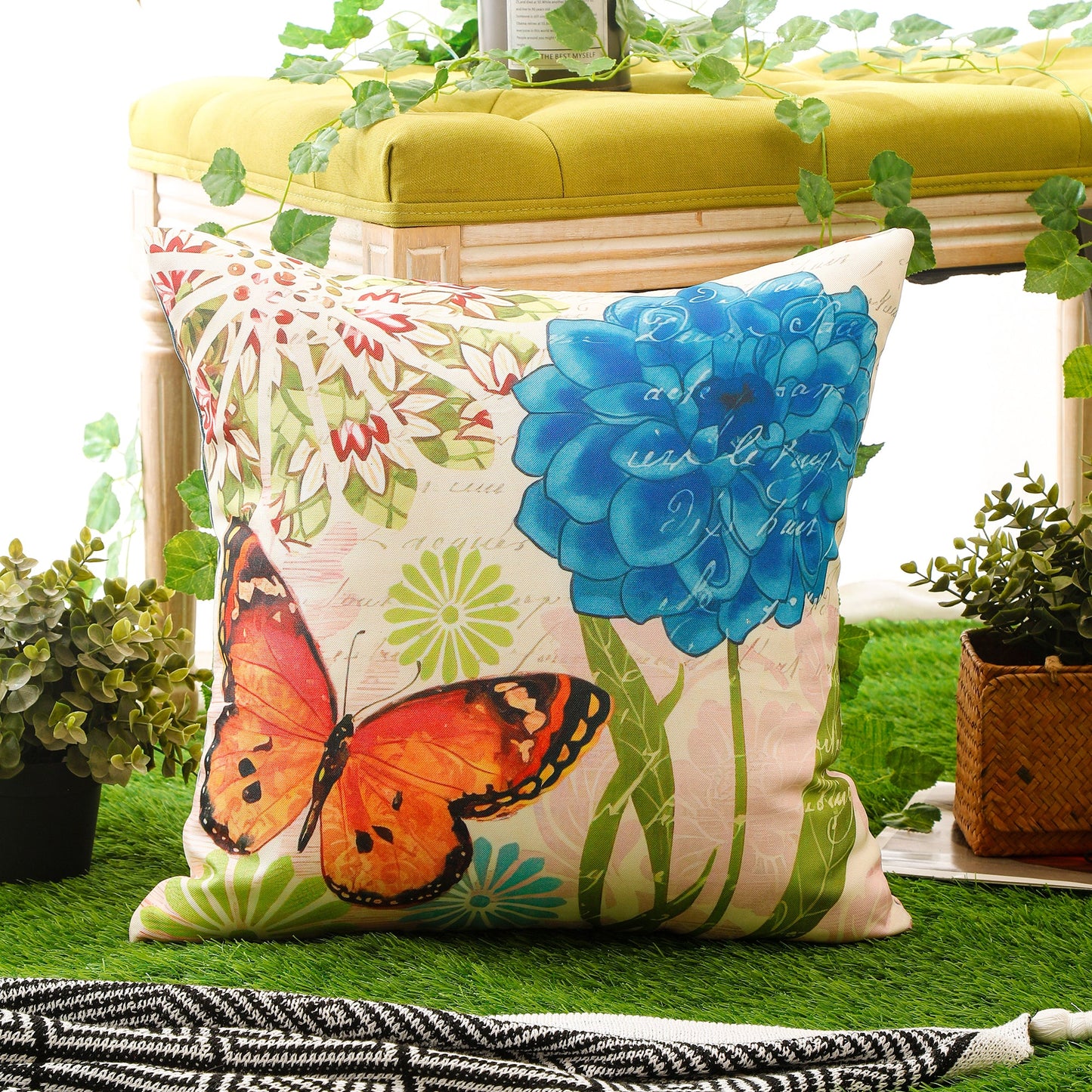 Colourful Flower and Butterfly Print Waterproof Cushion Cover  - Design 1 (Set of 4 - 45x45cm)
