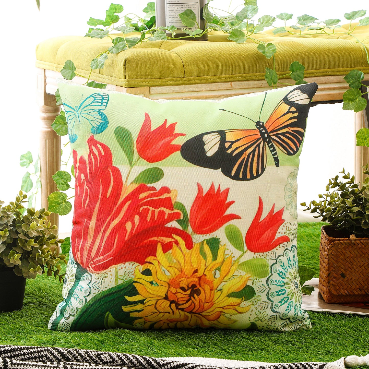 Colourful Flower and Butterfly Print Waterproof Cushion Cover  - Design 1 (Set of 4 - 45x45cm)