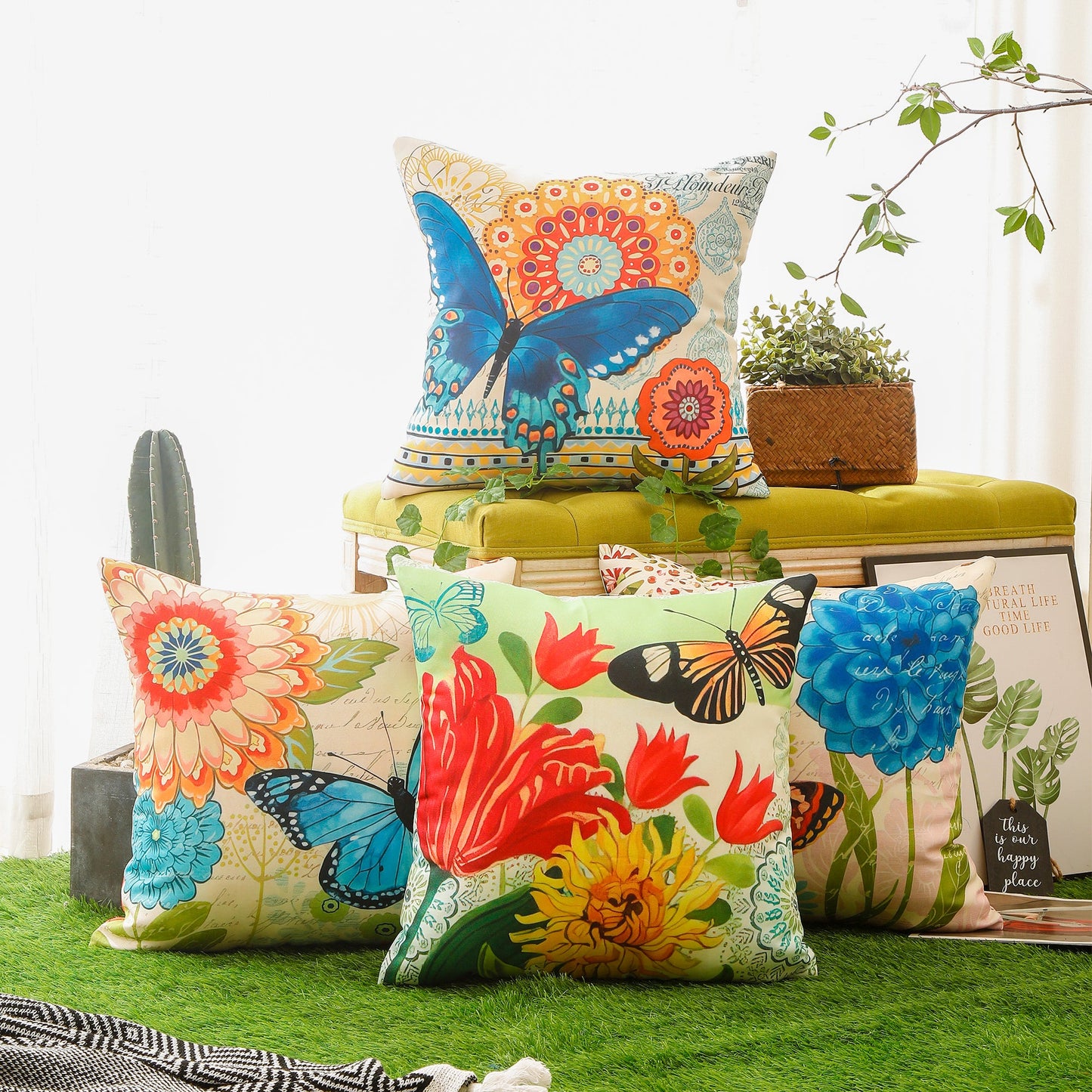 Colourful Flower and Butterfly Print Waterproof Cushion Cover  - Design 1 (Set of 4 - 45x45cm)
