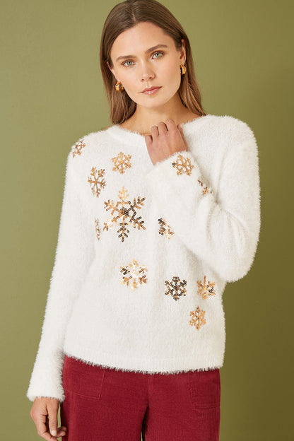 Yumi Ivory Sequin Snowflake Fluffy Jumper