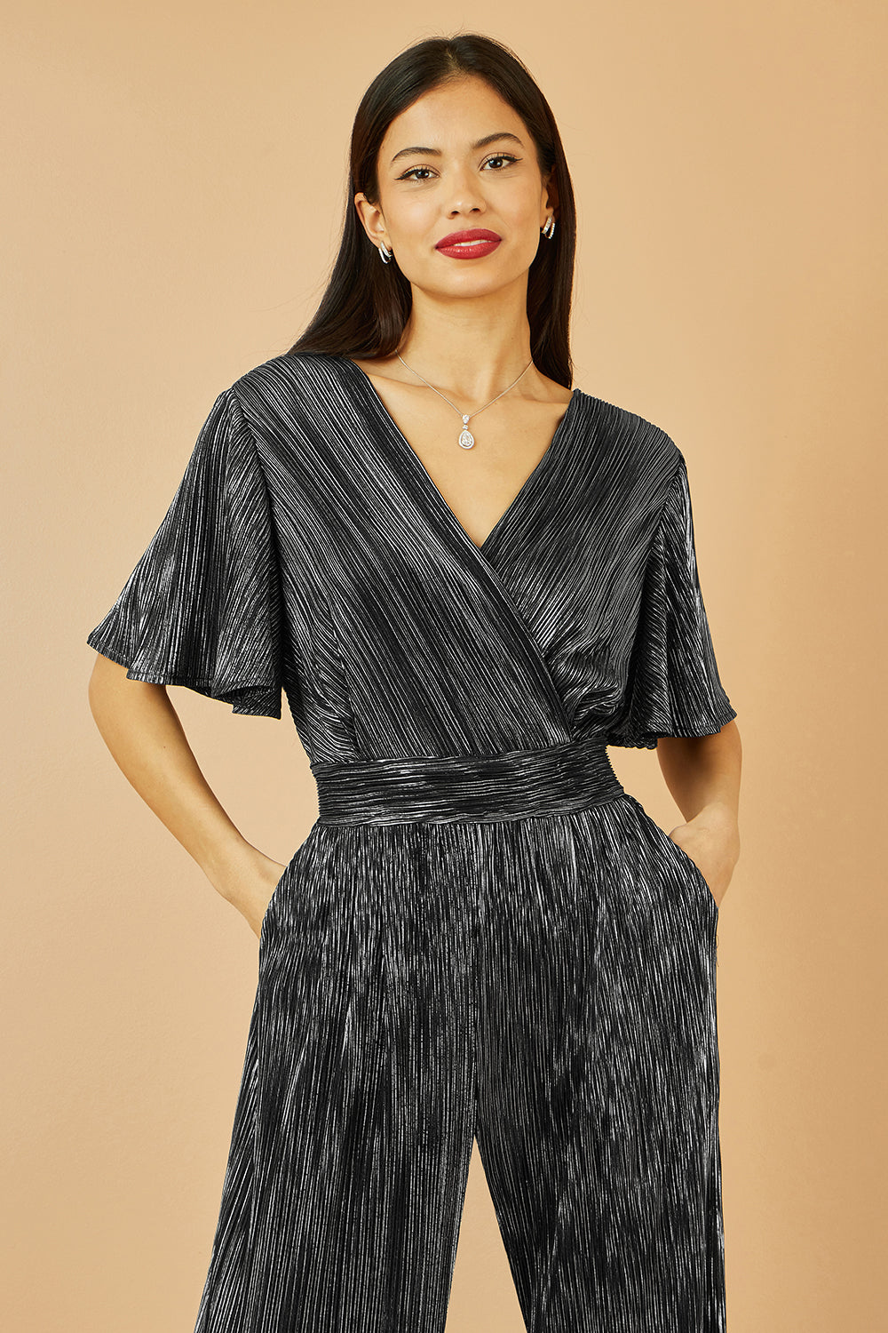 Yumi Black Metallic Pleated Jumpsuit With V Neck