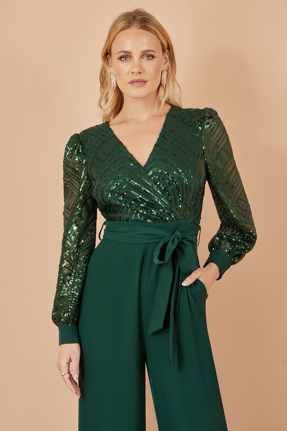 Yumi Green Sequin Wrap Over Jumpsuit