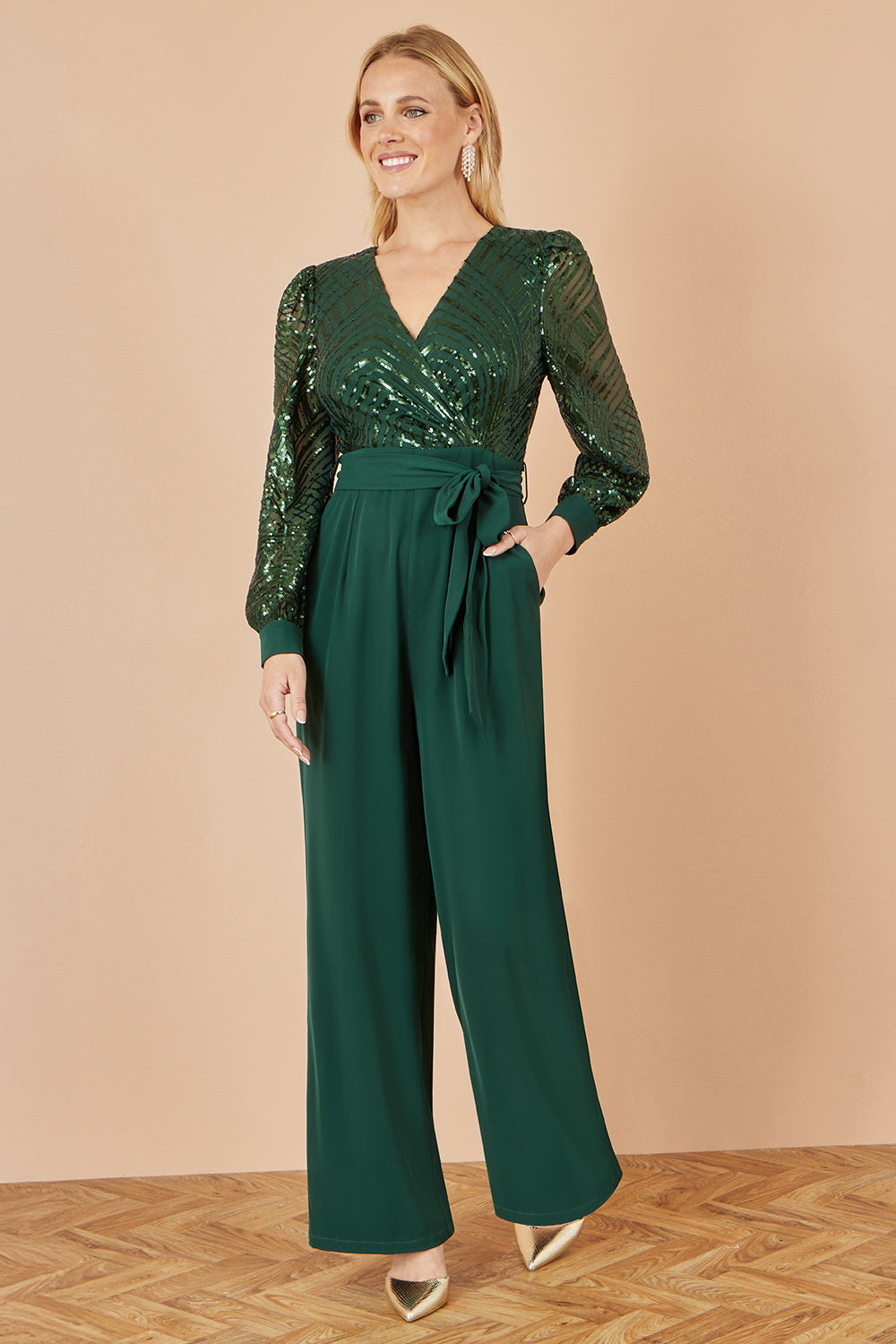 Yumi Green Sequin Wrap Over Jumpsuit