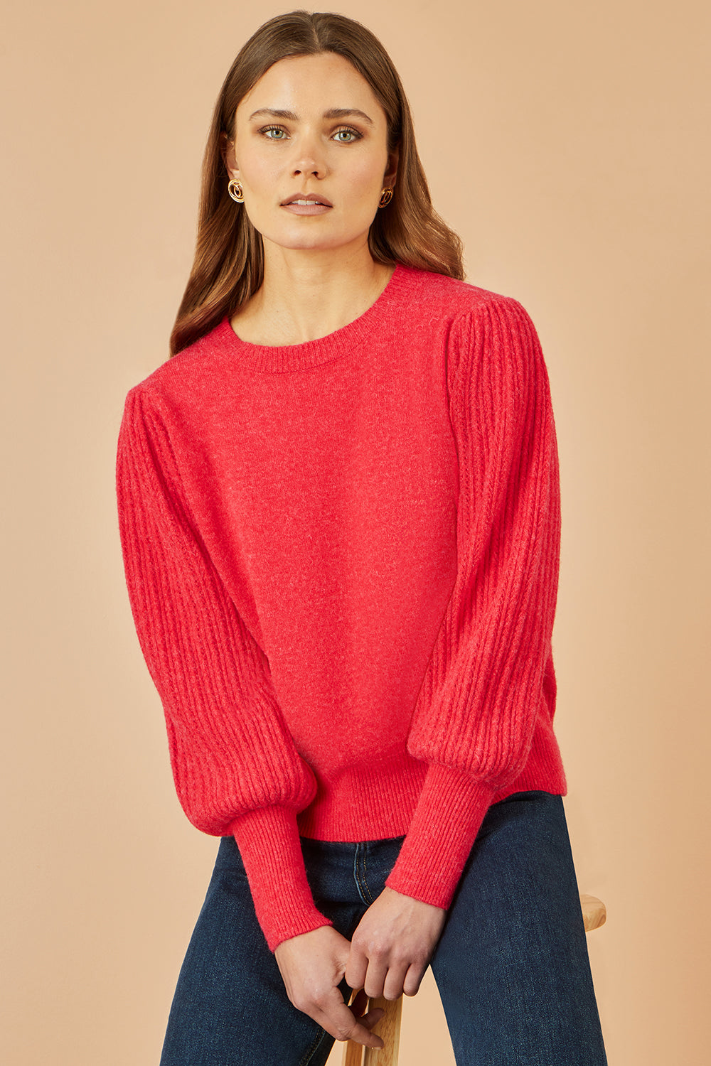 Yumi Red Knitted Balloon Sleeve Textured Jumper
