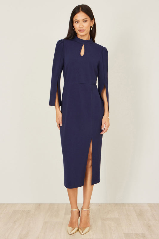 Yumi Navy Fitted Midi Dress With Flute Sleeves