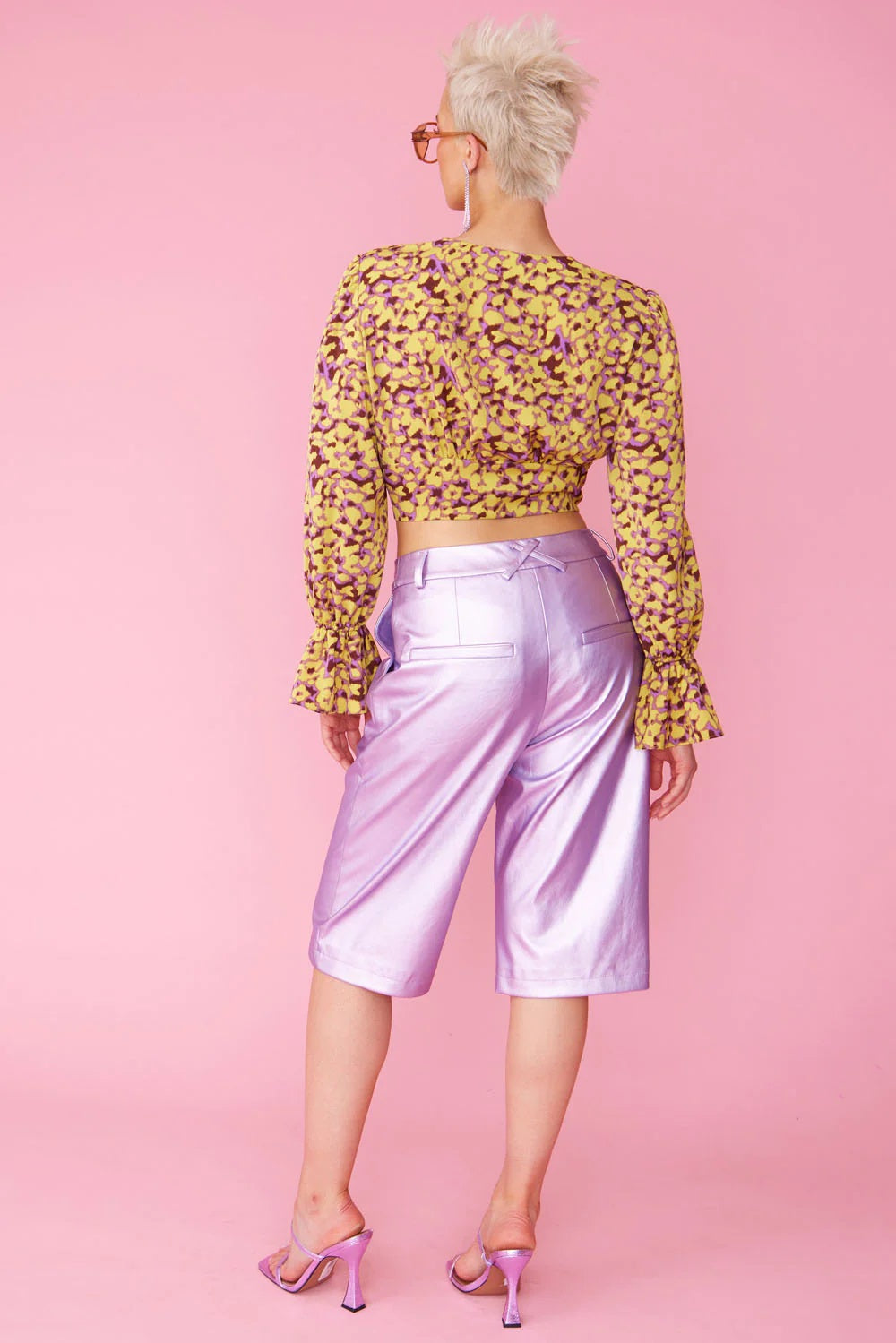 Yellow Purple Silk Blend Cropped Blouse