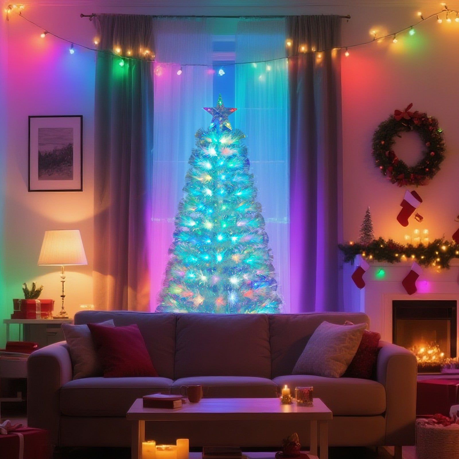 4/5/6Ft White Christmas Trees Fibre Optic Pre Lit Star Xmas Tree with LED Lights