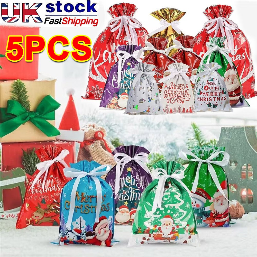 5PCS Merry Christmas Gift Bags Drawstring Wrap Present Party Treat Bags Storage