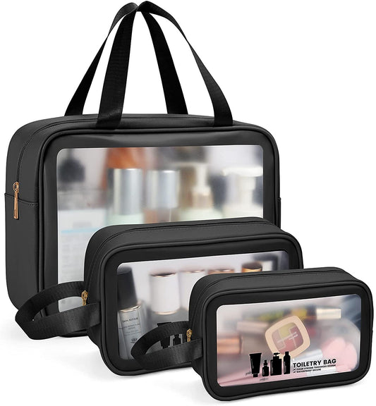 Toiletry Bag MAANGE 3 PCS Clear Travel Toiletries Bag Wash Bag Translucent PVC Waterproof Makeup Bag with Zipper Toiletry Bags for Women Men(Black)