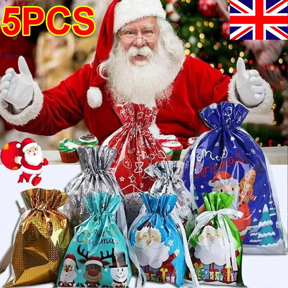 5PCS Merry Christmas Gift Bags Drawstring Wrap Present Party Treat Bags Storage