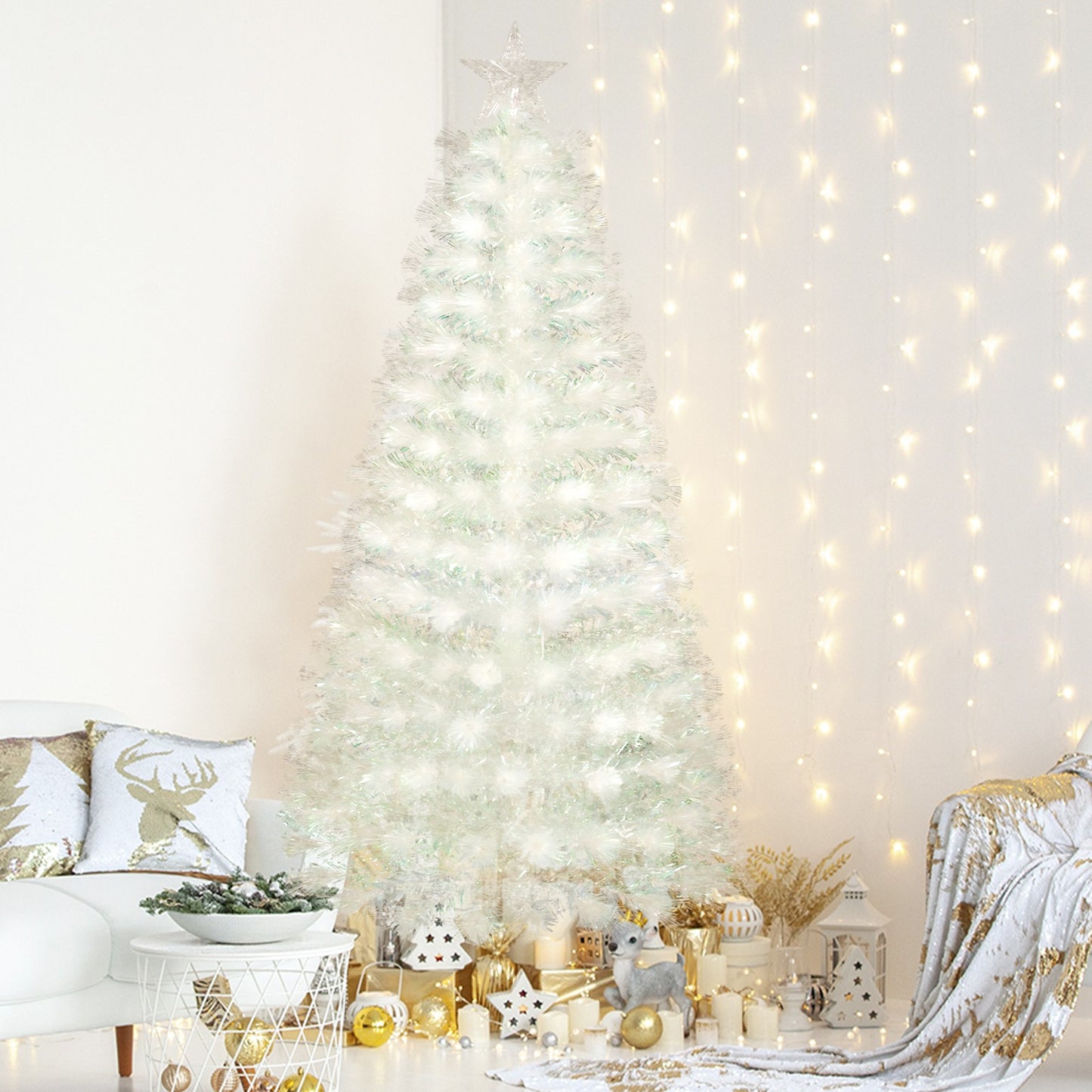 4/5/6Ft White Christmas Trees Fibre Optic Pre Lit Star Xmas Tree with LED Lights
