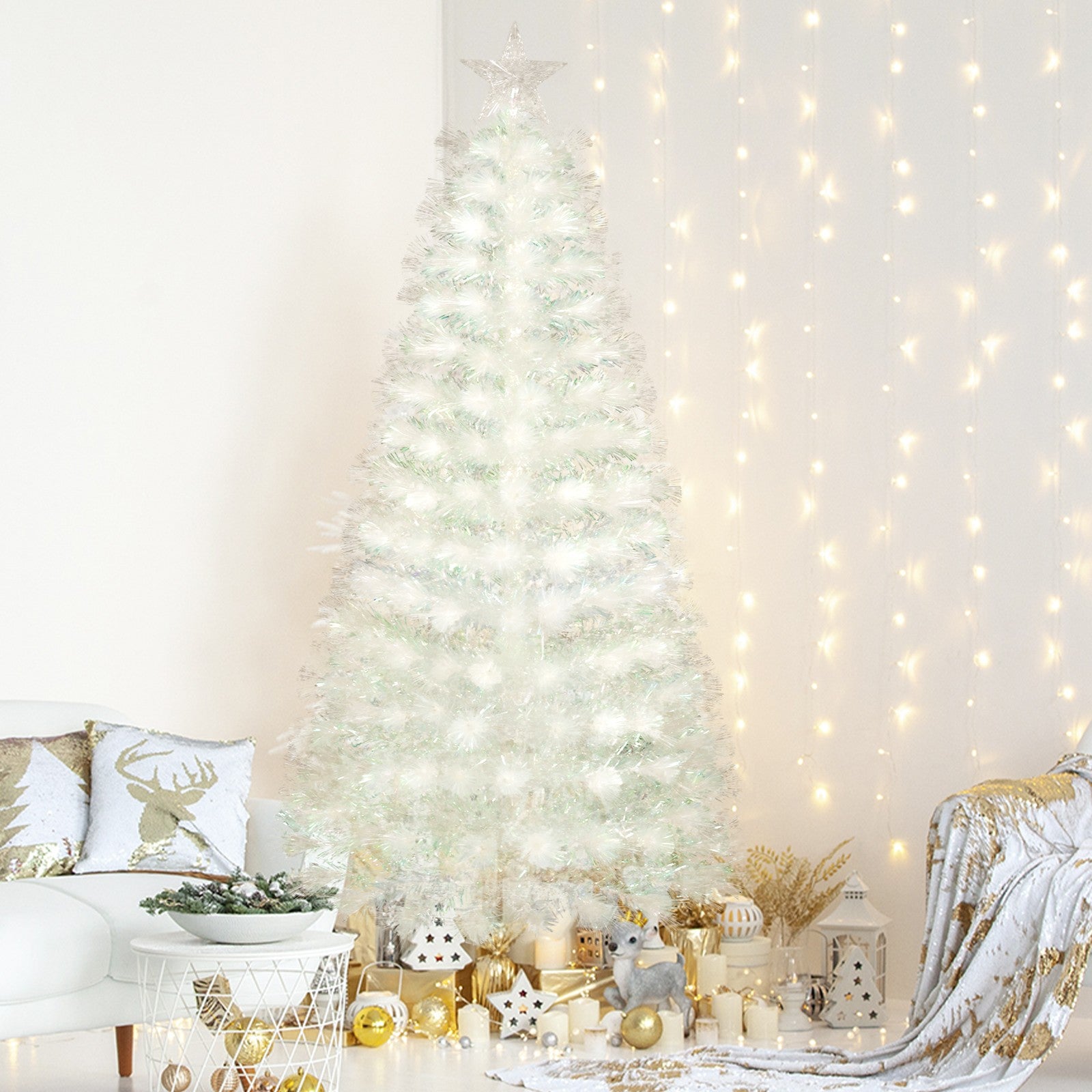 4/5/6Ft White Christmas Trees Fibre Optic Pre Lit Star Xmas Tree with LED Lights