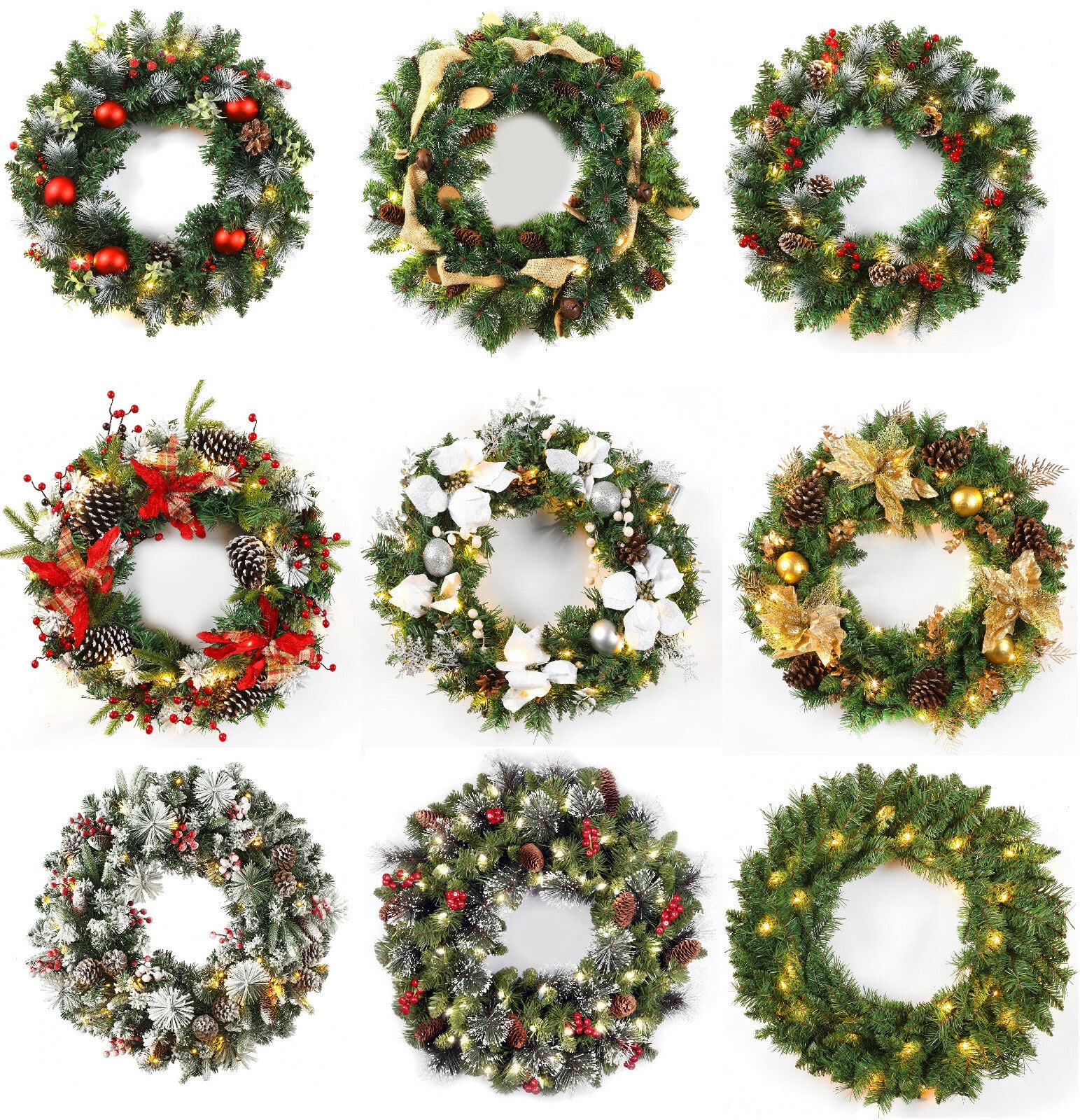24Inch Christmas Wreath Decorative Christmas with Light Door Winter Pine Cone