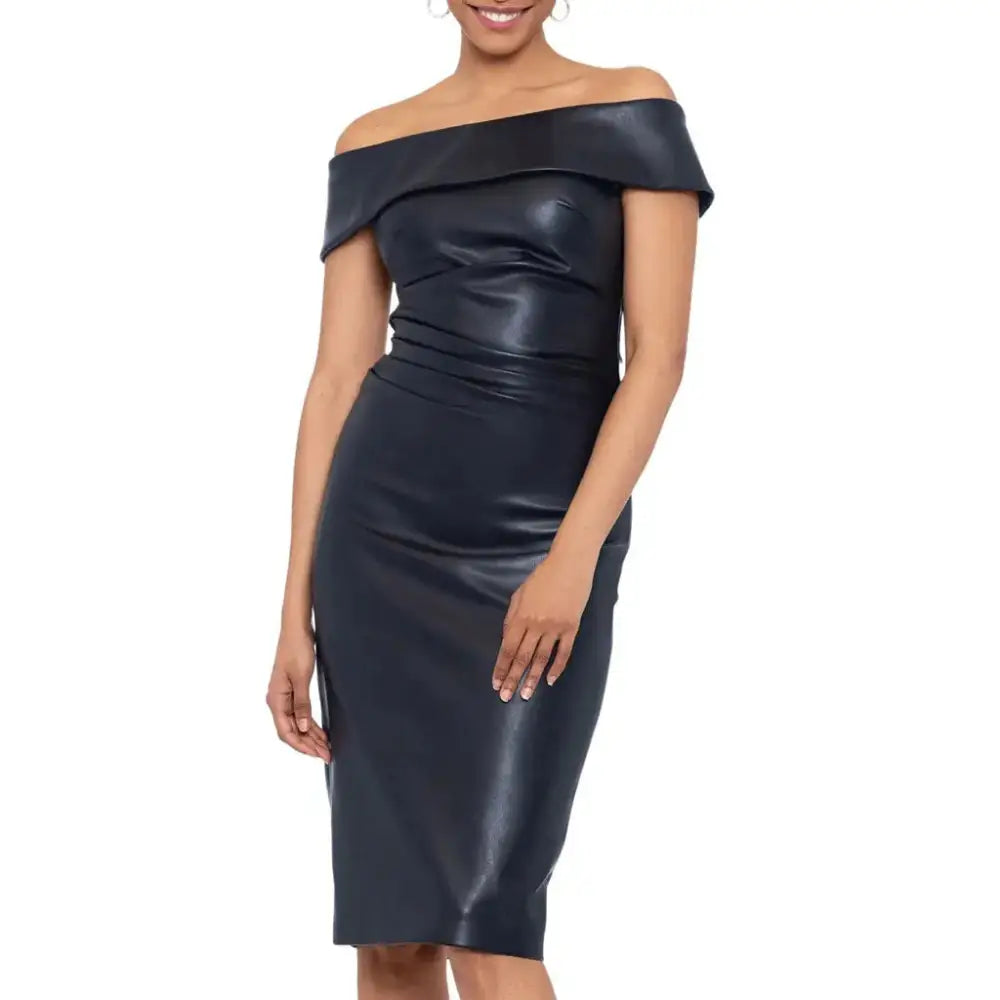 Women’s Off-The-Shoulder Black Leather Cocktail Dress