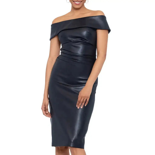 Women’s Off-The-Shoulder Black Leather Cocktail Dress