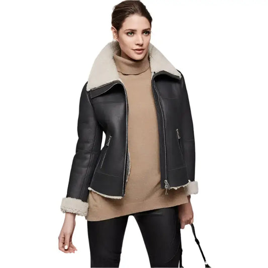 Womens Black Shearling Aviator Jacket