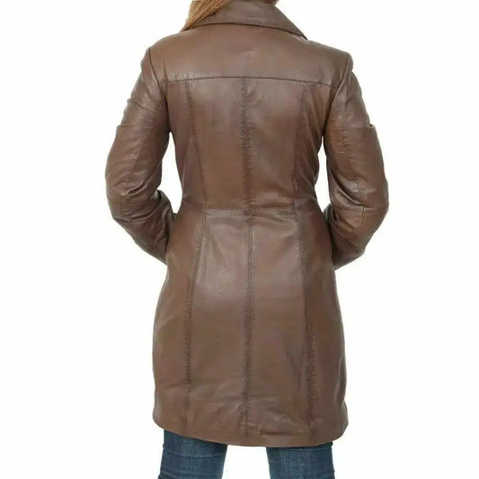 Women's Brown Leather Short Trench Coat
