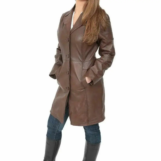 Women's Brown Leather Short Trench Coat